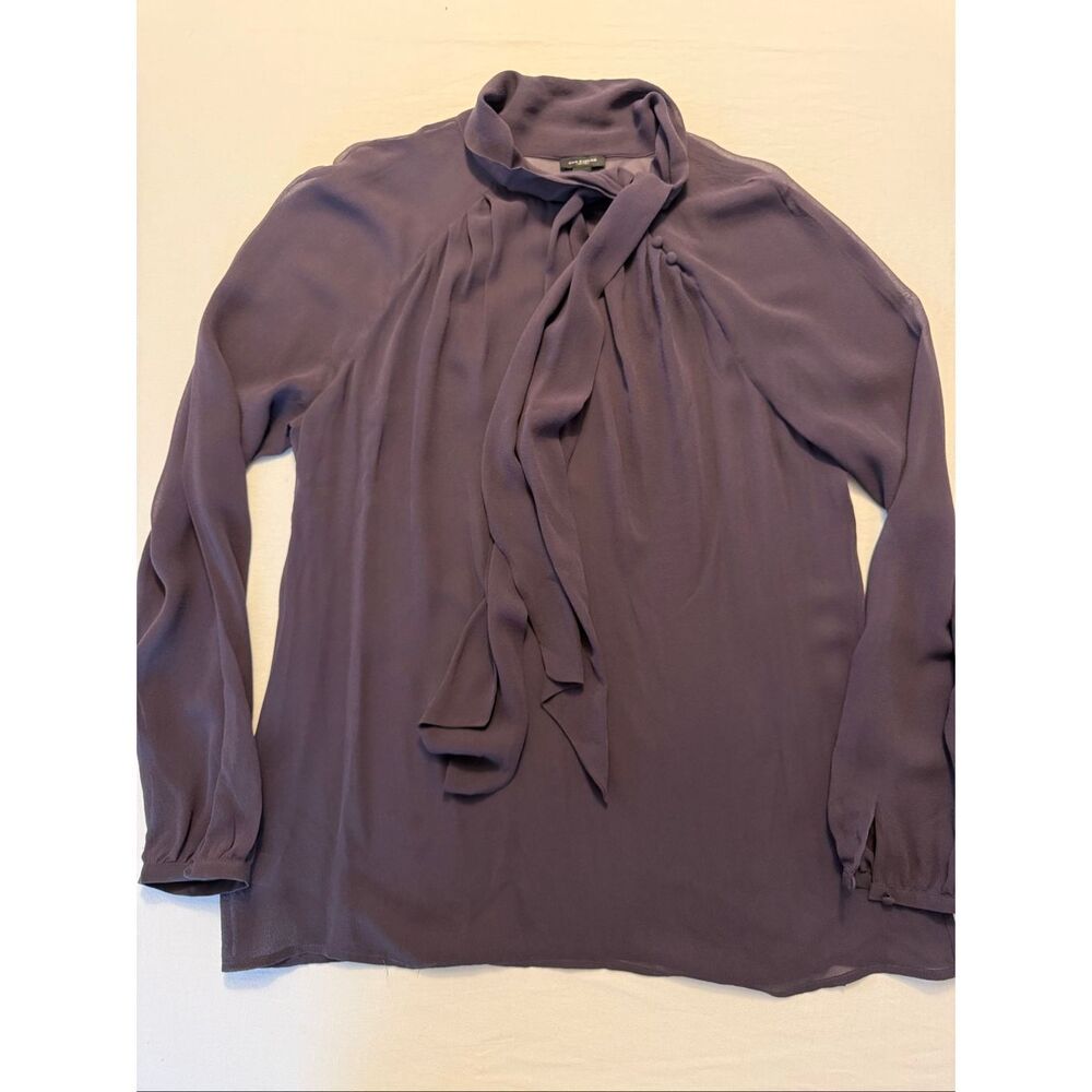 Ann Taylor Silk Georgette Blouse Purple | Tie Neck Button Detail | Size L